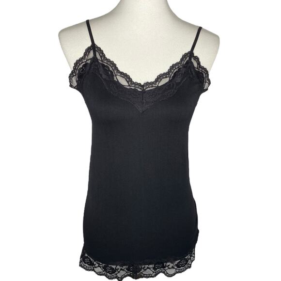 Vintage Bongo Y2K Cami Black Lace Trim Fitted Tank Top Size Large Elena Gilbert - Picture 1 of 10